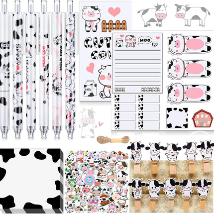 69 Pcs Cute Sticky Notes Set – Cartoon Pen, Stickers, Paperclips, Cow Design