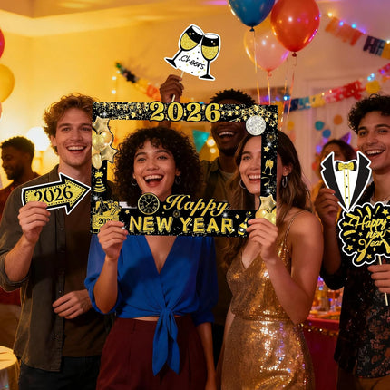24-Pc 2026 NYE Photo Booth Props – Black & Gold Selfie Frame Set