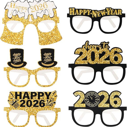 6 PCS 2026 Happy New Year Paper Glasses NYE Party Photo Booth Props
