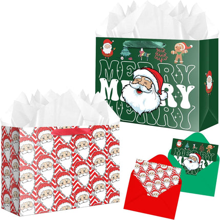 2PCS Large Christmas Gift Bags with Tissue Paper and Card Santa Claus