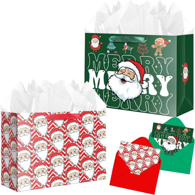 2PCS Large Christmas Gift Bags with Tissue Paper and Card Santa Claus