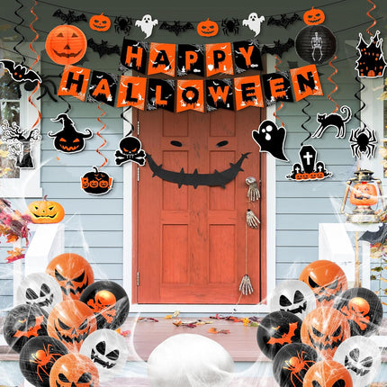 Halloween Party Decor Set, Orange & Black Hanging Swirls, Ghost Bat Banner & Balloons
