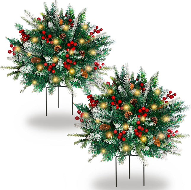 2 PCS Lighted Artificial Pine Trees – Xmas Urn Fillers with Warm White LED Lights