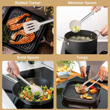 7 Pc Silicone Cooking Utensils Set Khaki Heat Resistant Stainless Steel Handle