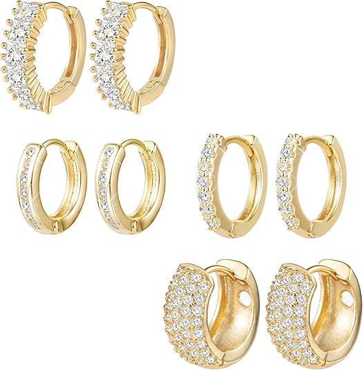 Small Gold Hoop Earrings Set for Women Diamond Pave Gold Hoops Silver Post