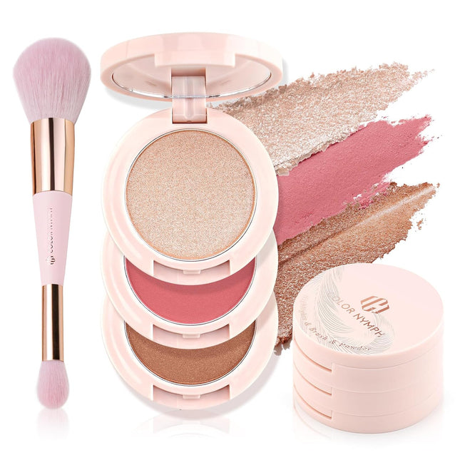 3-in-1 Blush Highlighter Contour Palette, Travel Makeup Kit with Brush & Mirror