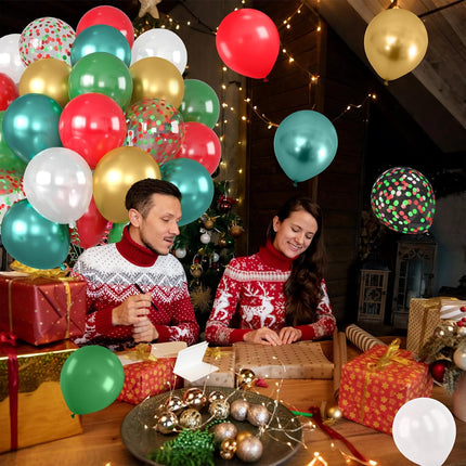 12" Christmas Balloons – Red, Green, White & Gold Latex Party Decorations