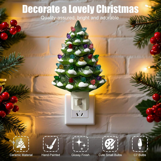 4-Pack Christmas Ceramic Tree Night Lights – 6" Vintage Holiday Table Decor