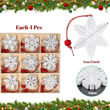 36-Piece Wooden Snowflake Ornaments for Christmas Tree – White Holiday Decorations & Pendants