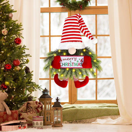 Christmas Wreath Gnome with Lights, Santa Gnome Hanging Sign for Front Door Decoration
