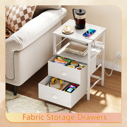 White Nightstand with Charging Station, 2 Fabric Drawers, USB Ports, Outlets and Hooks
