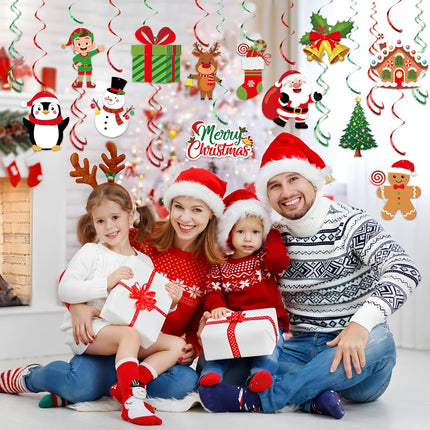 30PCS Christmas Hanging Swirls, Pre-Strung Streamers with Santa & Gingerbread Man