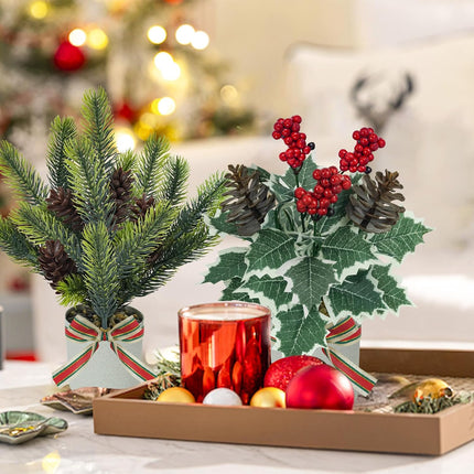 Small Fake Christmas Potted Plants – 4-Piece Indoor Tabletop Winter Decor Set
