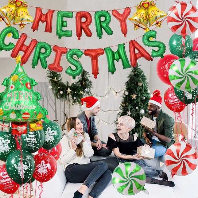 Merry Christmas Banner Balloons – Tree, Candy & Bell Balloons for Indoor/Outdoor