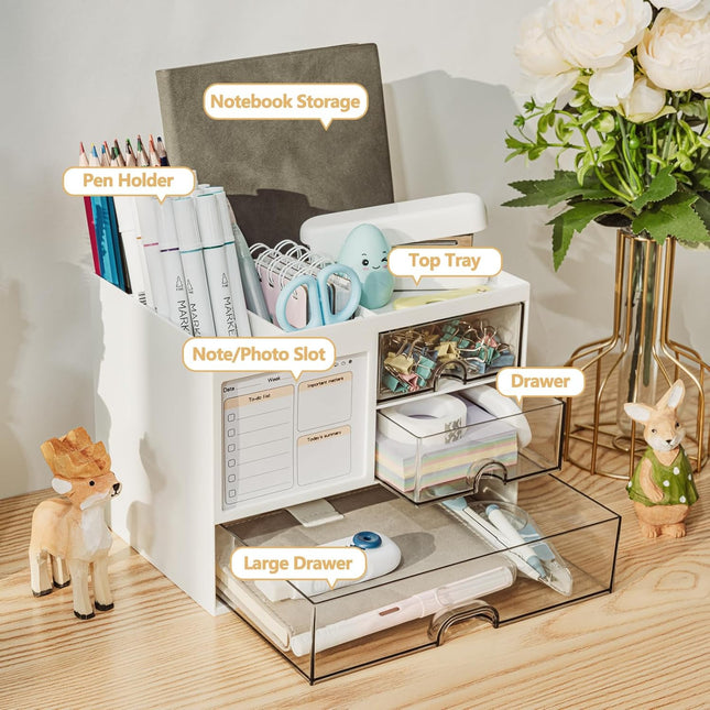 Desk Organizer with 3 Drawers, 8 Compartments Pen Holder for Office, White