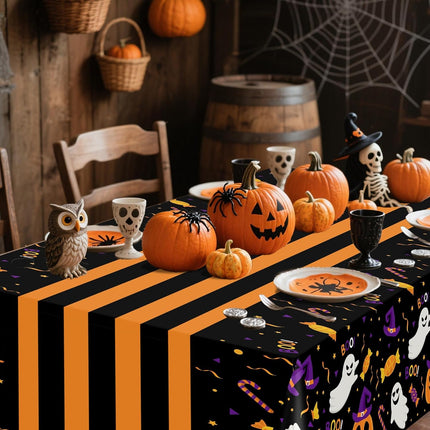 3-Pack 54x108in Halloween Plastic Tablecloths, Disposable Ghost Black Table Covers