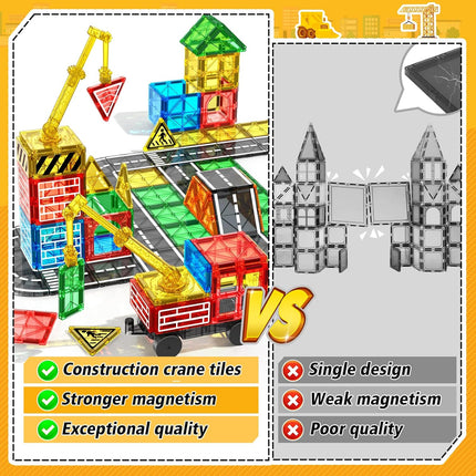 Magnetic Tiles Road Building Blocks & Crane Car Set for Kids 3+