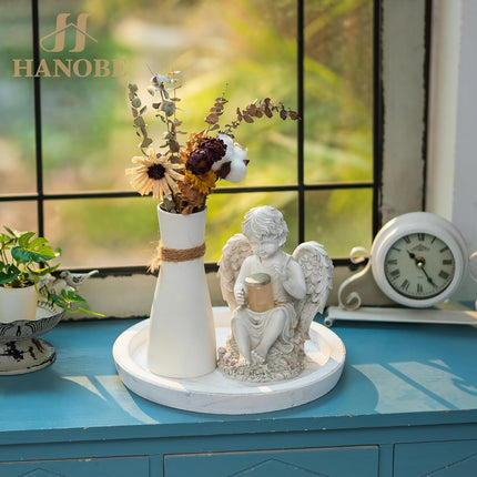 Round White Wood Candle Tray – Rustic Farmhouse Decor for Coffee Table & Home