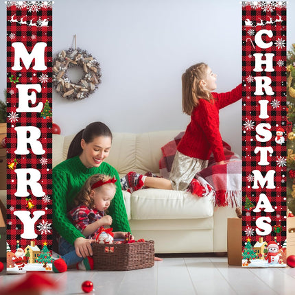 Christmas Welcome Banner Red & Black Buffalo Plaid Porch Door Sign