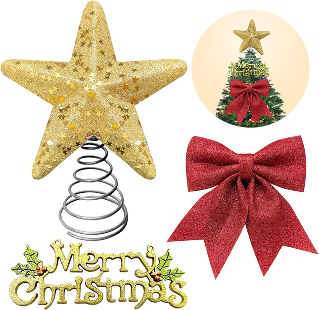 Christmas Tree Topper Kit – Glitter Star, Bow & Merry Christmas Banner