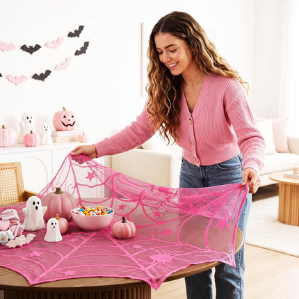 Pink Halloween Spider Tablecloth 40in, Sheer Fabric Dining & Picnic Party Decor