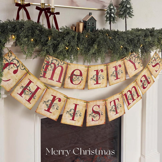 Nostalgic Merry Christmas Banner – Vintage Retro Holiday Decor for Fireplace