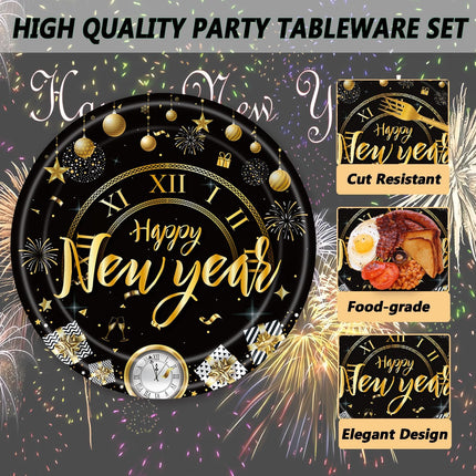 72-Piece 2026 New Year Party Supplies – Black & Gold Plates & Napkins