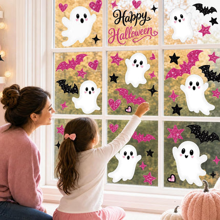 9-Sheet Pink Halloween Window Clings, Cute Ghost Pastel Glass Decals for Kids