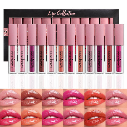 12Pcs Lip Gloss Set, Glossy Liquid Lip Color Collection, Mini Shades for Makeup