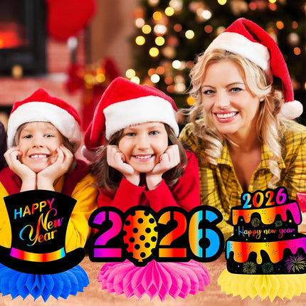 12 PCS Happy New Year 2026 Honeycomb Centerpieces Table Party Decorations