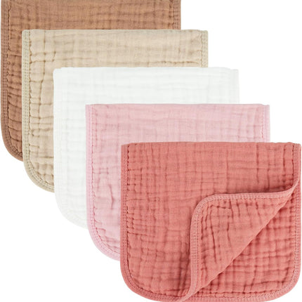 Baby Burp Cloths 100% Cotton Muslin 5 Pack, Newborn Essentials Pink & Coffee