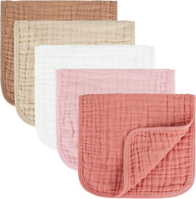 Baby Burp Cloths 100% Cotton Muslin 5 Pack, Newborn Essentials Pink & Coffee