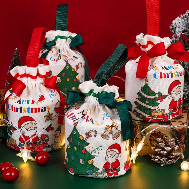 2PCS Christmas Drawstring Gift Bags Red Green Canvas Santa Bags 4x7 Inch