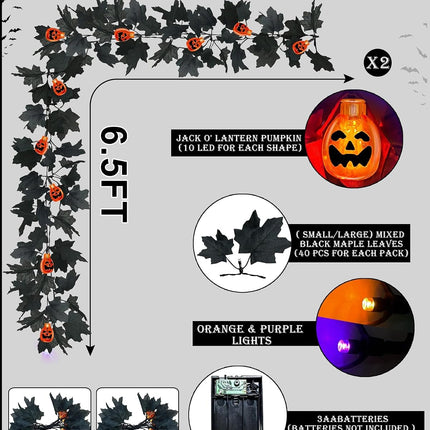 2-Pack 13FT Halloween Maple Leaf Garland, 40 LED Pumpkin Lights, Timer, Mantel Decor