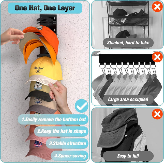 2 Pack Hat Organizer for Baseball Caps Wall Mount Holds 20 Hats Black
