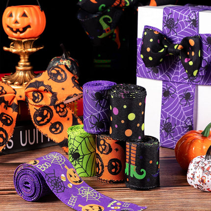 6-Roll Halloween Wired Ribbon, 30 Yards, 2.5in Witch Hat Bat Pumpkin Skull Print