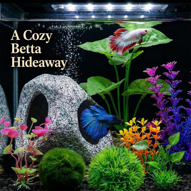 9PCS Aquarium Decorations, Betta Fish Tank Plants, Rock Cave Hideout & Fish Decor Set