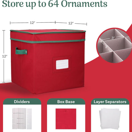 Christmas Decor Storage Box – Red Canvas Cube with 64 Dividers & Lid