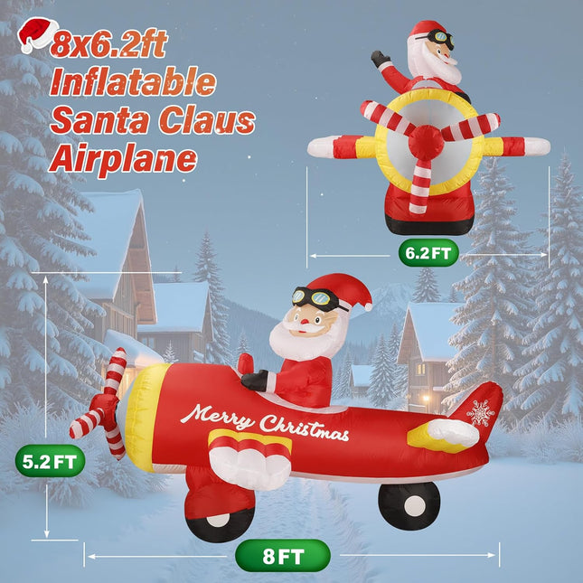 8FT Inflatable Santa on Airplane – LED Lights, Outdoor Xmas Decoration