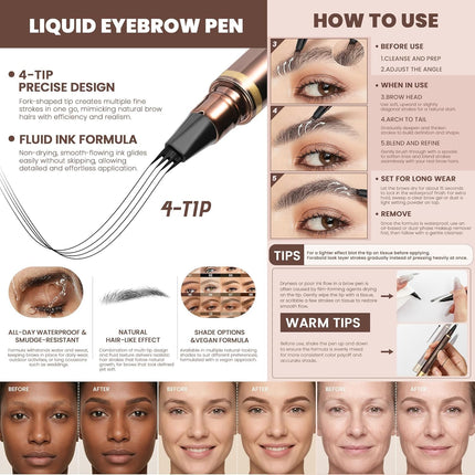 2PCS Waterproof Microblading Eyebrow Pens, 4-Tip Hair-Like Brow Pencil, Medium Brown