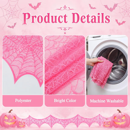 Pink Halloween Lace Spider Web Mantel Scarf 18x96in, Durable Gauze Fireplace Decor