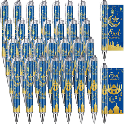 30PCS Eid Mubarak Pens Blue Bulk Ramadan Gifts Ballpoint Party Favors