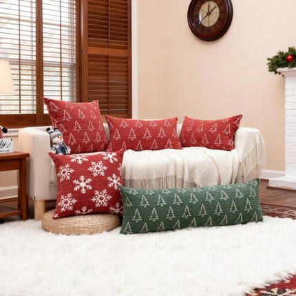 2 Pack Chenille Christmas Pillow Covers 12x20 Red Snowflake & Christmas Tree Cozy Farmhouse Holiday Cushion