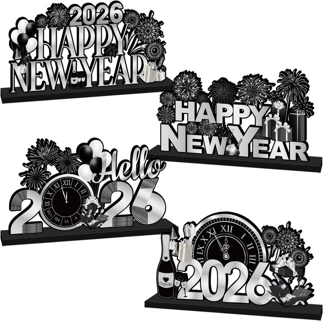 4-Piece NYE Wooden Table Decorations – Black & Silver 2026 Party Centerpieces