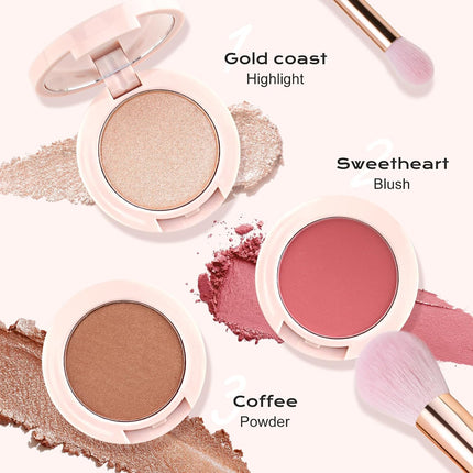 3-in-1 Blush Highlighter Contour Palette, Travel Makeup Kit with Brush & Mirror