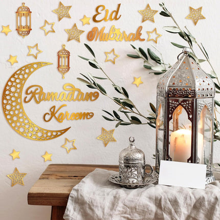 23PCS Ramadan Decorations Eid Mubarak Wooden Moon Star Lantern Wall Decor