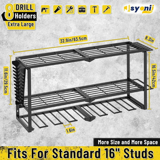 Metal Wall Mount Tool Holder, Heavy Duty 8 Drill Organizer Rack for Garage