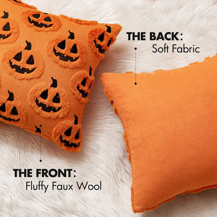 Halloween Pumpkin Throw Pillow Covers 18x18in, Orange Black Ghost Plush Cushion