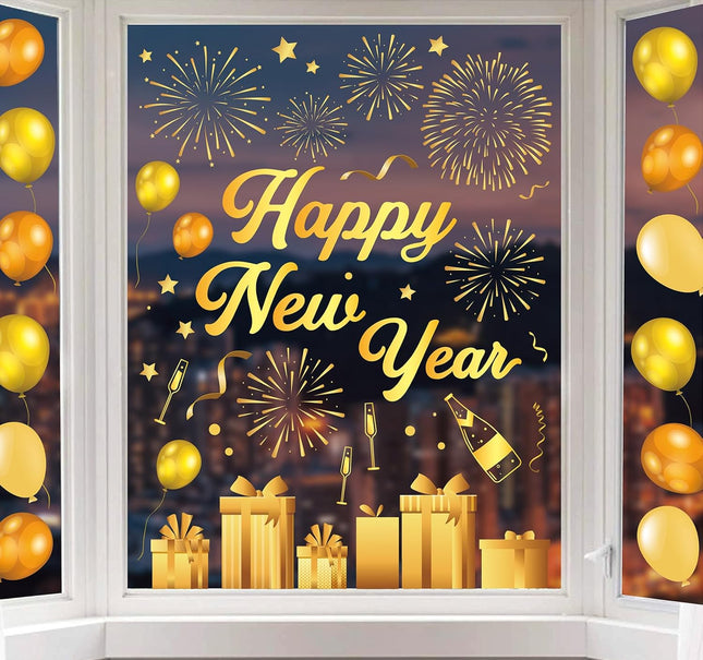 6-Piece Reusable New Year Window Stickers – Champagne & Firework Design