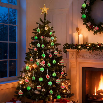 12-Piece 3.15-Inch Christmas Tree Ornaments, Glittering Red & Green Elf and Peppermint Balls